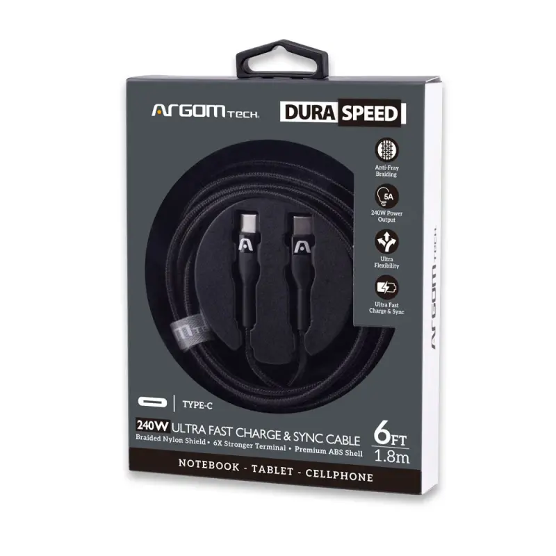 CABLE TRENZADO DE NAILON DURA SPEED DE 240W TIPO-C A TIPO-C PARA CARGA Y SINCRONIZACIÓN ULTRA RÁPIDA DE 1.8M ARGCB0073